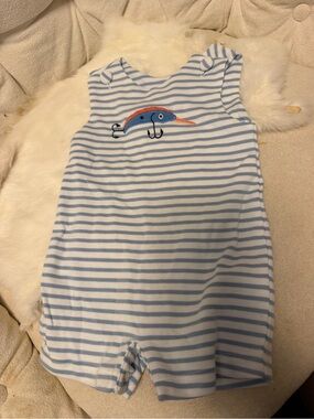 Blue and White Striped Baby One-Piece Footie with Fish Motif